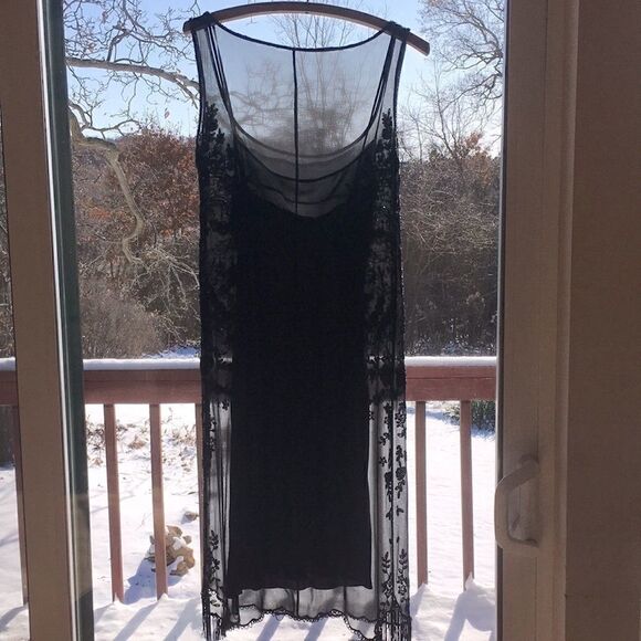 TAHARI Dress sheer sleeveless beaded silk black with grey slip two piece size 2 - Picture 4 of 16